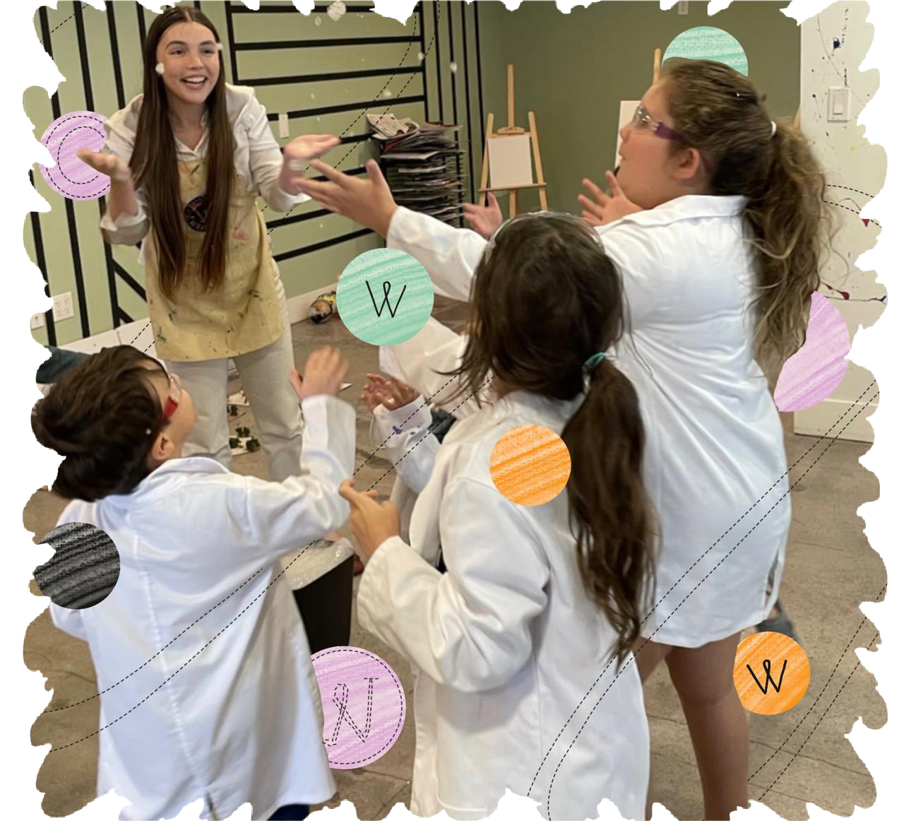 Students in lab coats during a science workshop